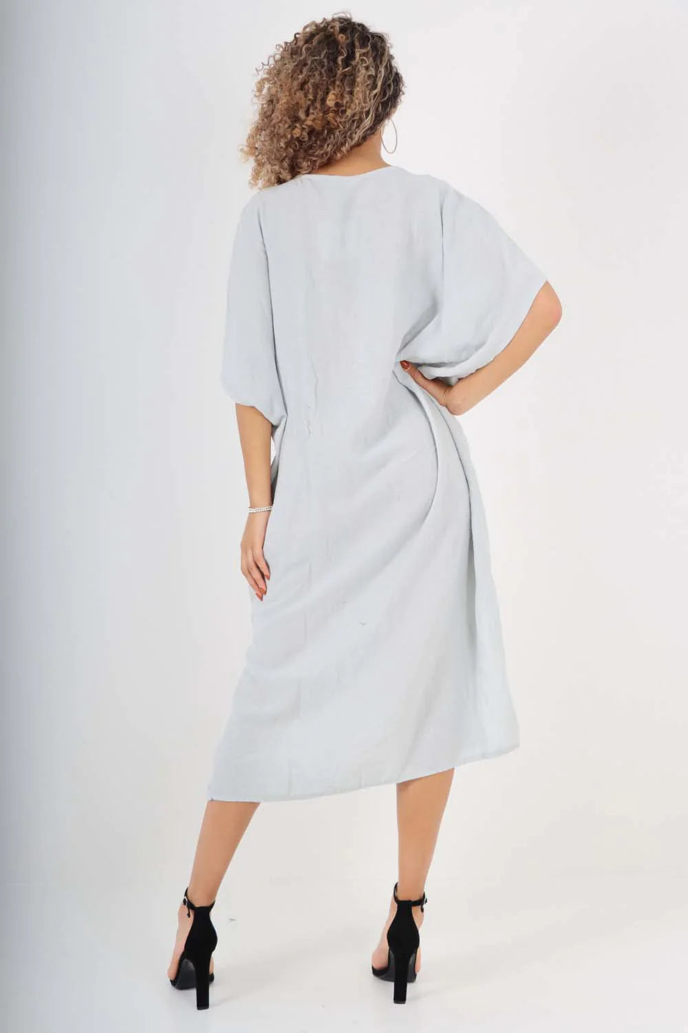 Italian Drawestring Front Side Split Linen Dress - Blue