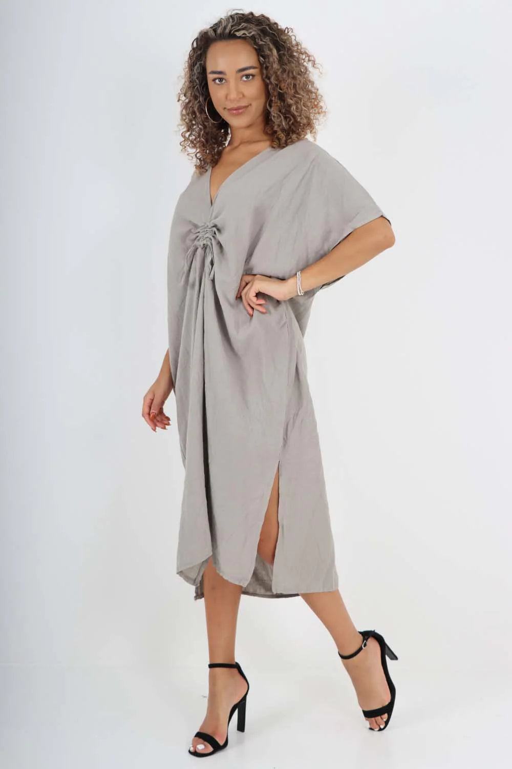 Italian Drawestring Front Side Split Linen Dress - Dark Grey