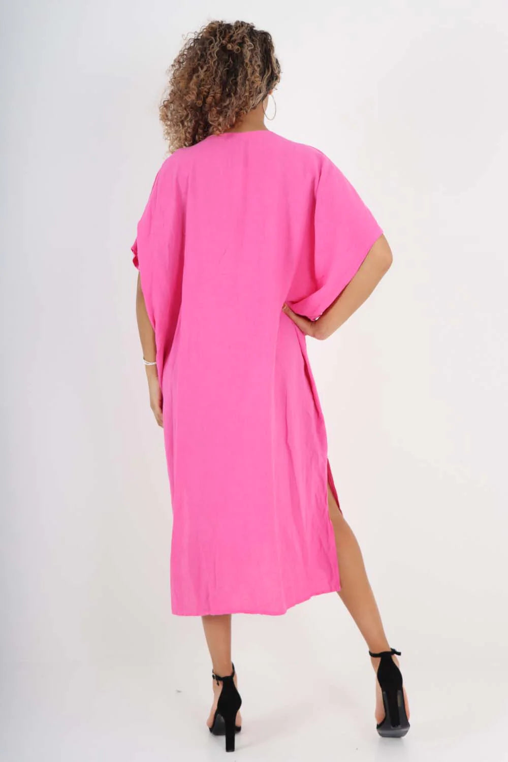 Italian Drawestring Front Side Split Linen Dress - Fuchsia