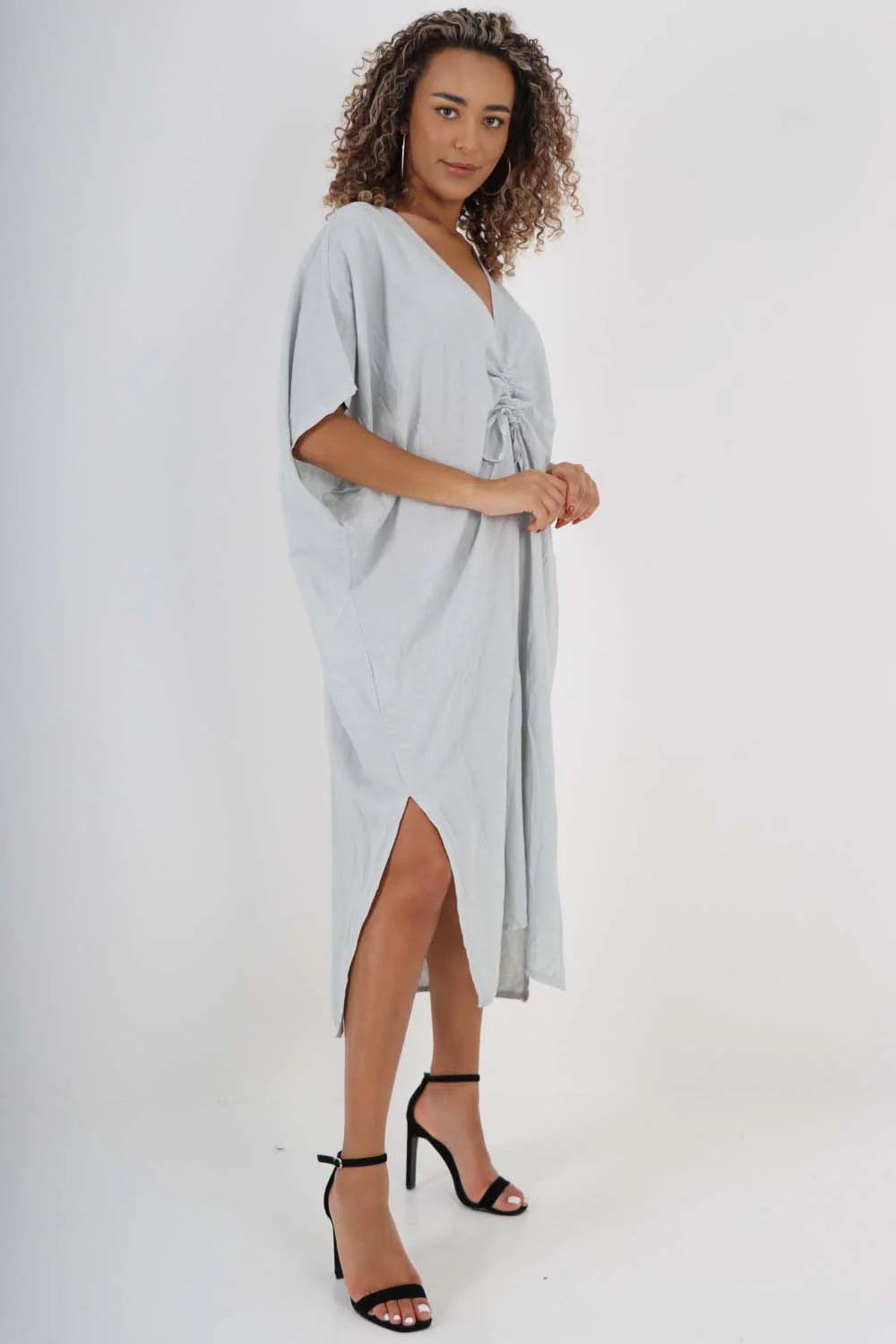 Italian Drawestring Front Side Split Linen Dress - Grey