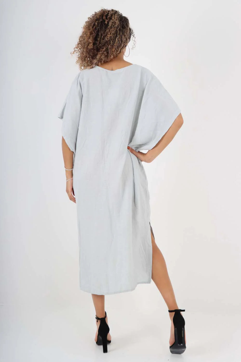 Italian Drawestring Front Side Split Linen Dress - Grey