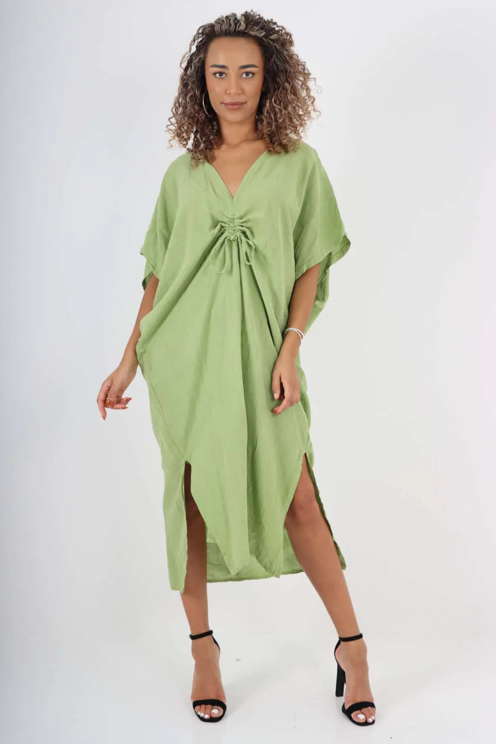 Italian Drawestring Front Side Split Linen Dress - Jade Green