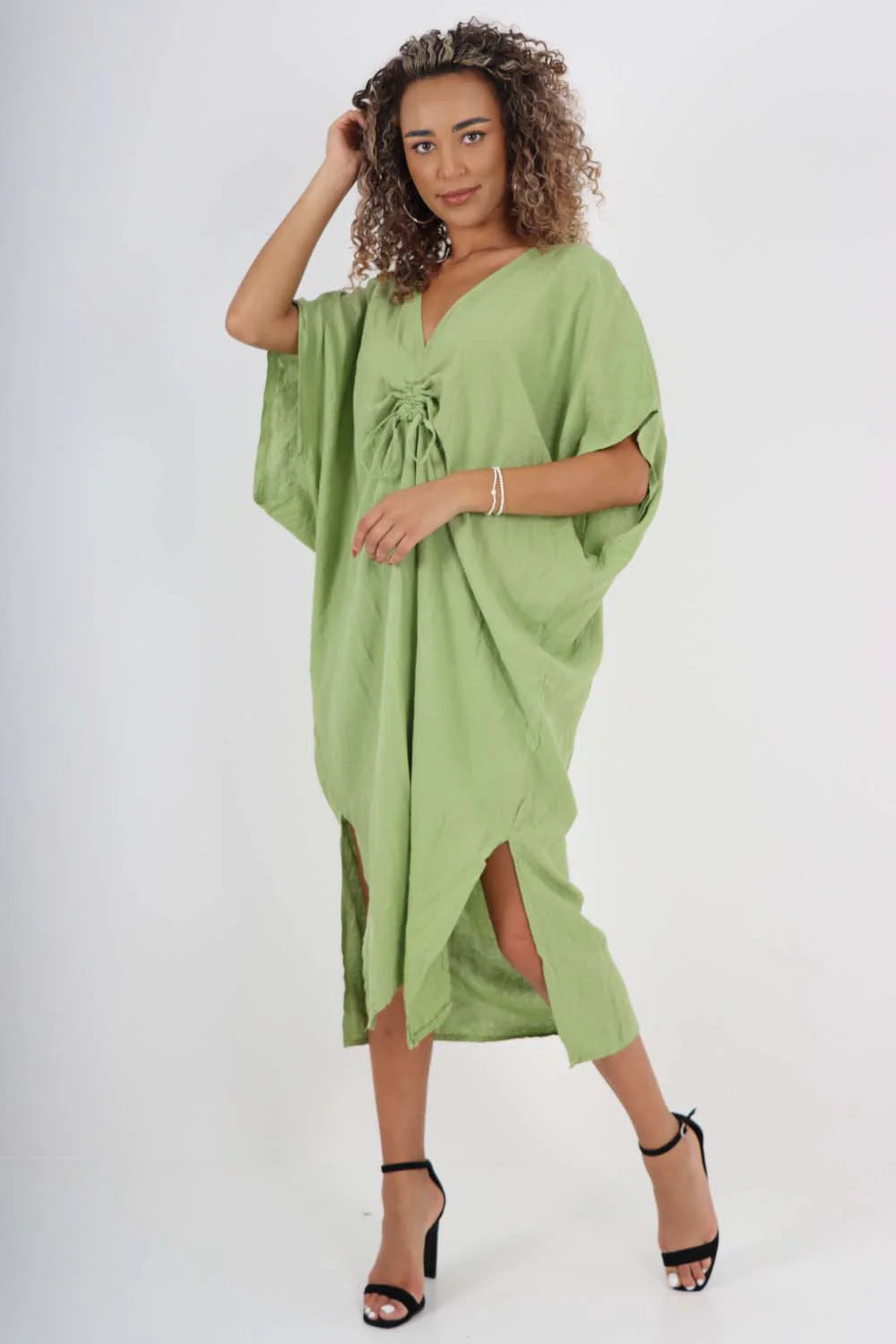 Italian Drawestring Front Side Split Linen Dress - Jade Green