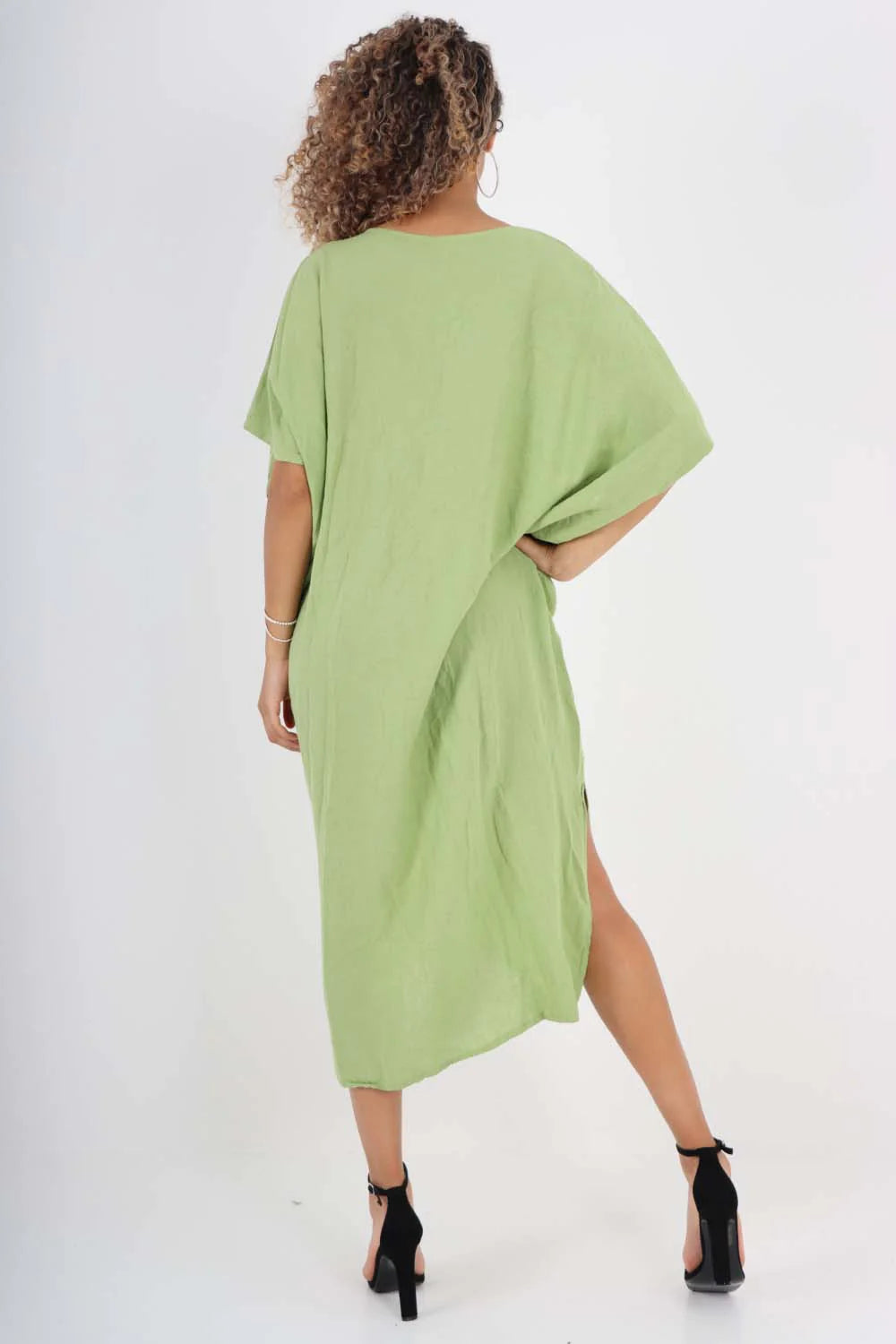 Italian Drawestring Front Side Split Linen Dress - Jade Green