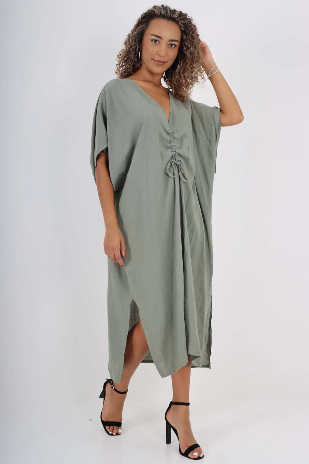 Italian Drawestring Front Side Split Linen Dress - Khaki