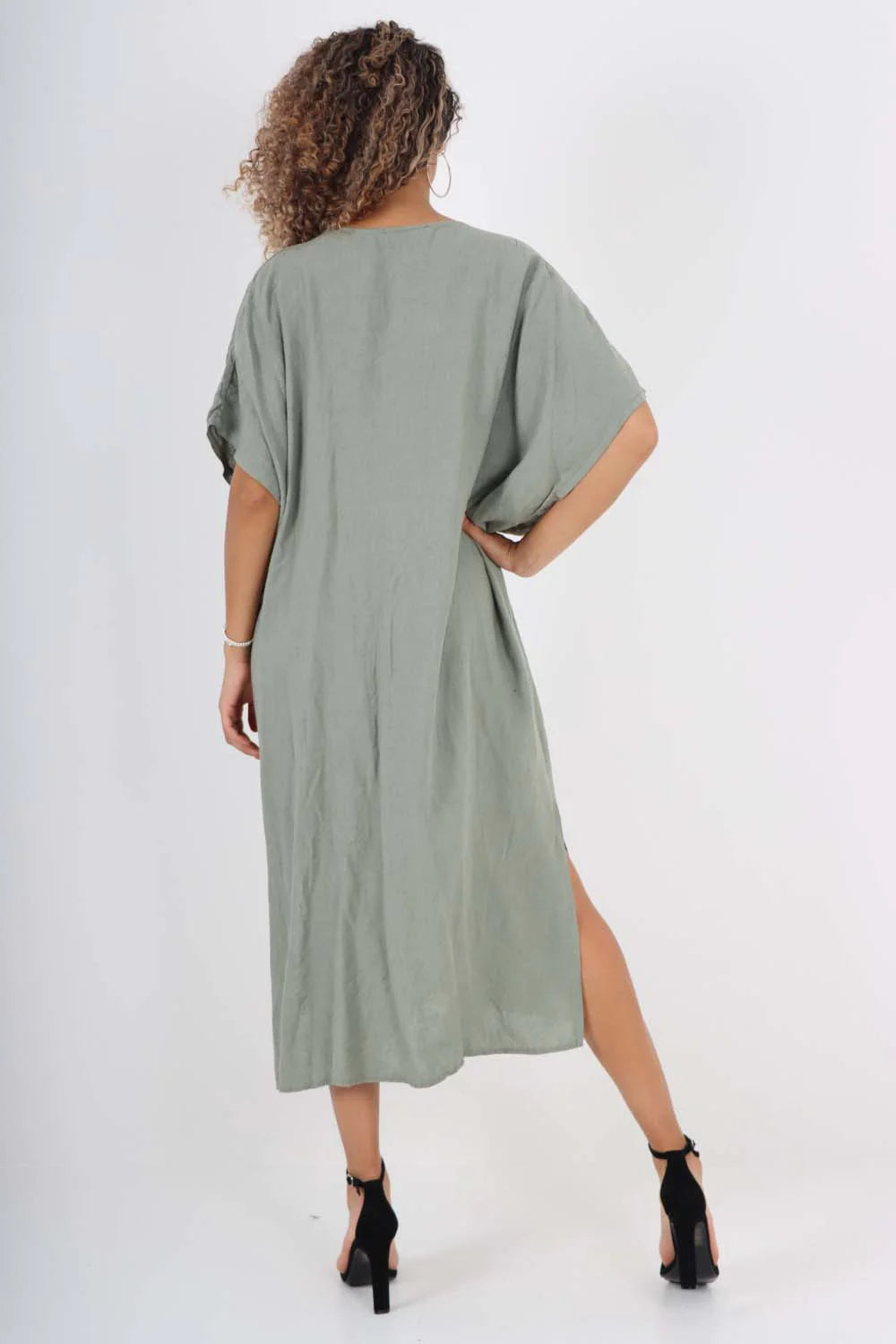 Italian Drawestring Front Side Split Linen Dress - Khaki