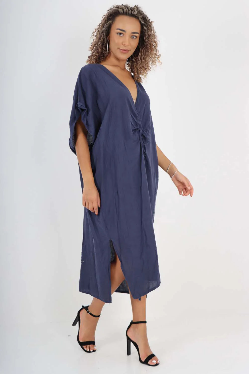 Italian Drawestring Front Side Split Linen Dress - Navy Blue