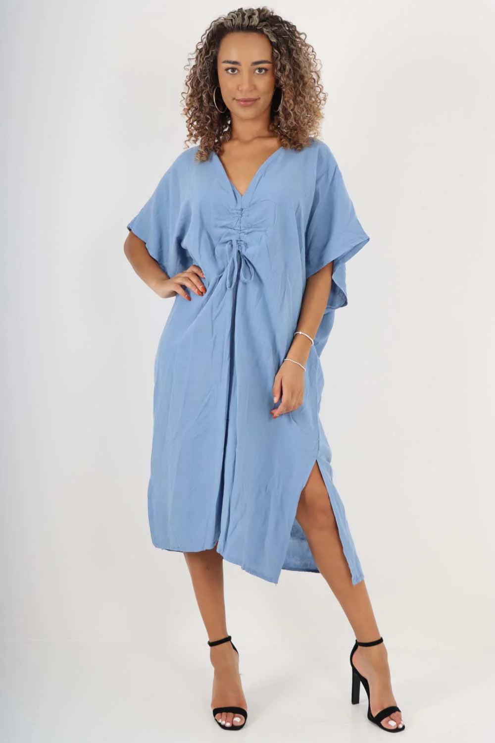 Italian Drawestring Front Side Split Linen Dress - Sky Blue