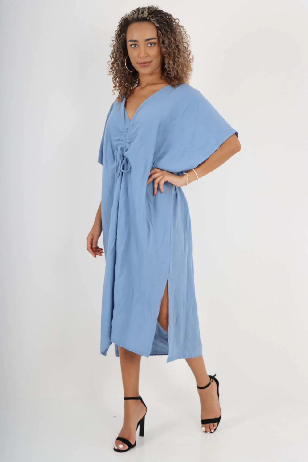 Italian Drawestring Front Side Split Linen Dress - Sky Blue