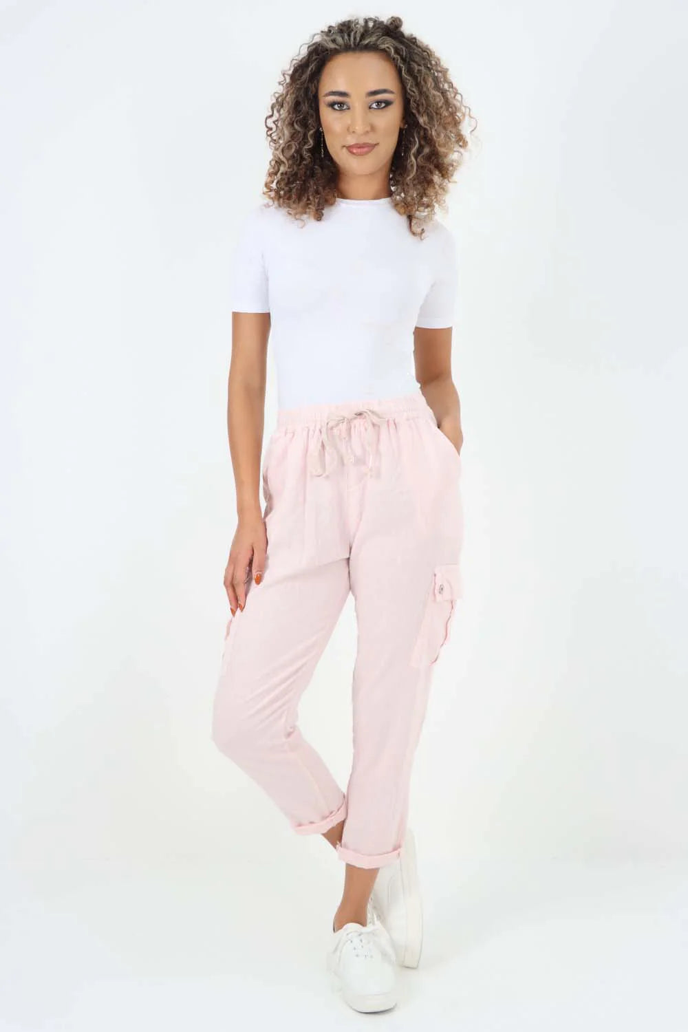 Italian Full Length Linen Cargo Pants - Baby Pink