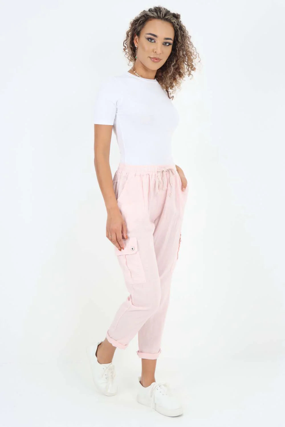 Italian Full Length Linen Cargo Pants - Baby Pink