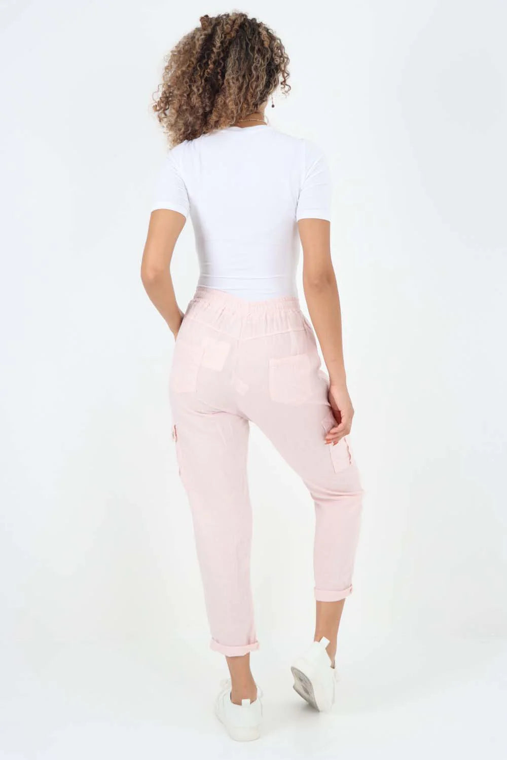 Italian Full Length Linen Cargo Pants - Baby Pink