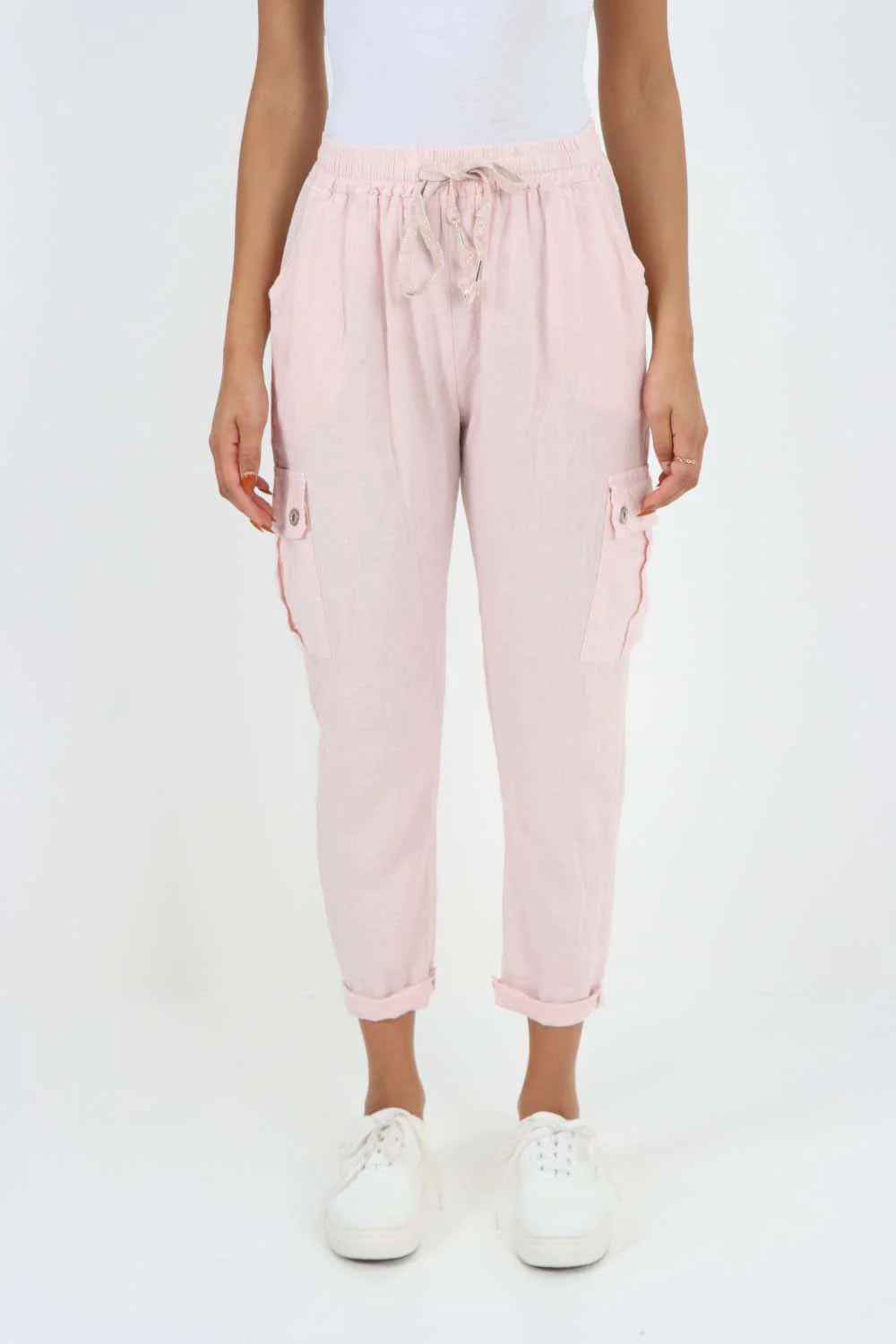 Italian Full Length Linen Cargo Pants - Baby Pink