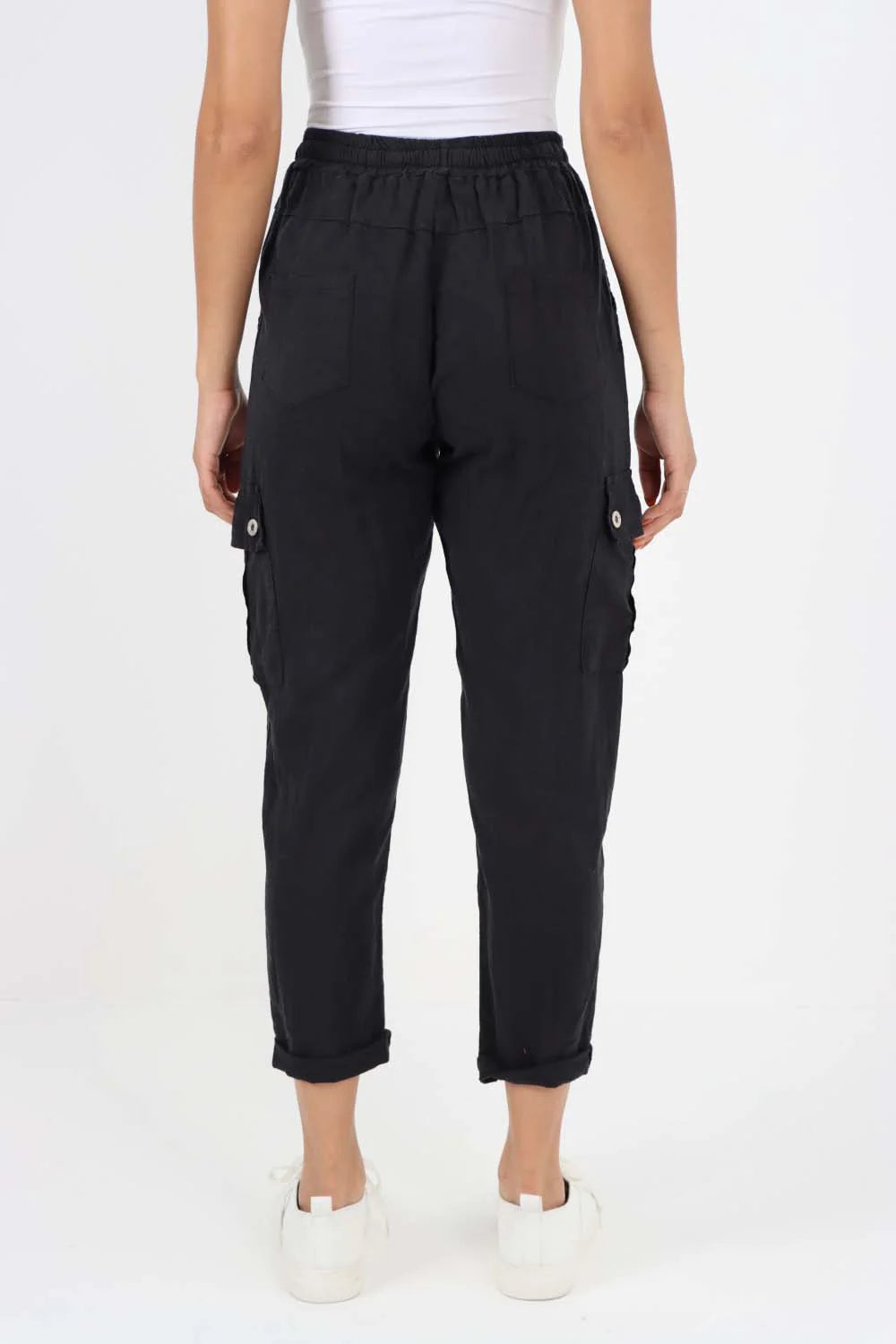 Italian Full Length Linen Cargo Pants - Black