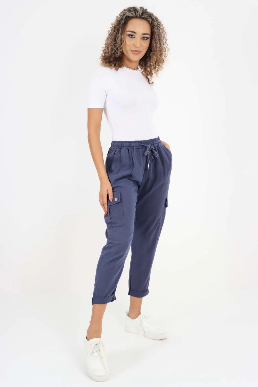 Italian Full Length Linen Cargo Pants - Dark Denim