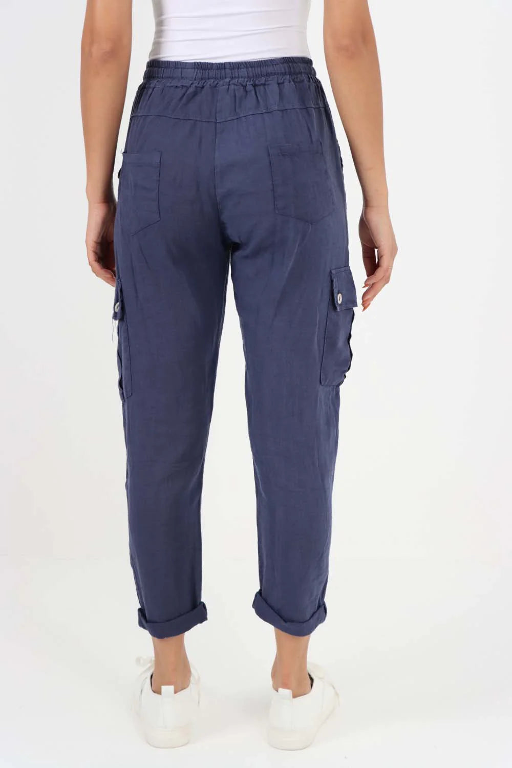 Italian Full Length Linen Cargo Pants - Dark Denim