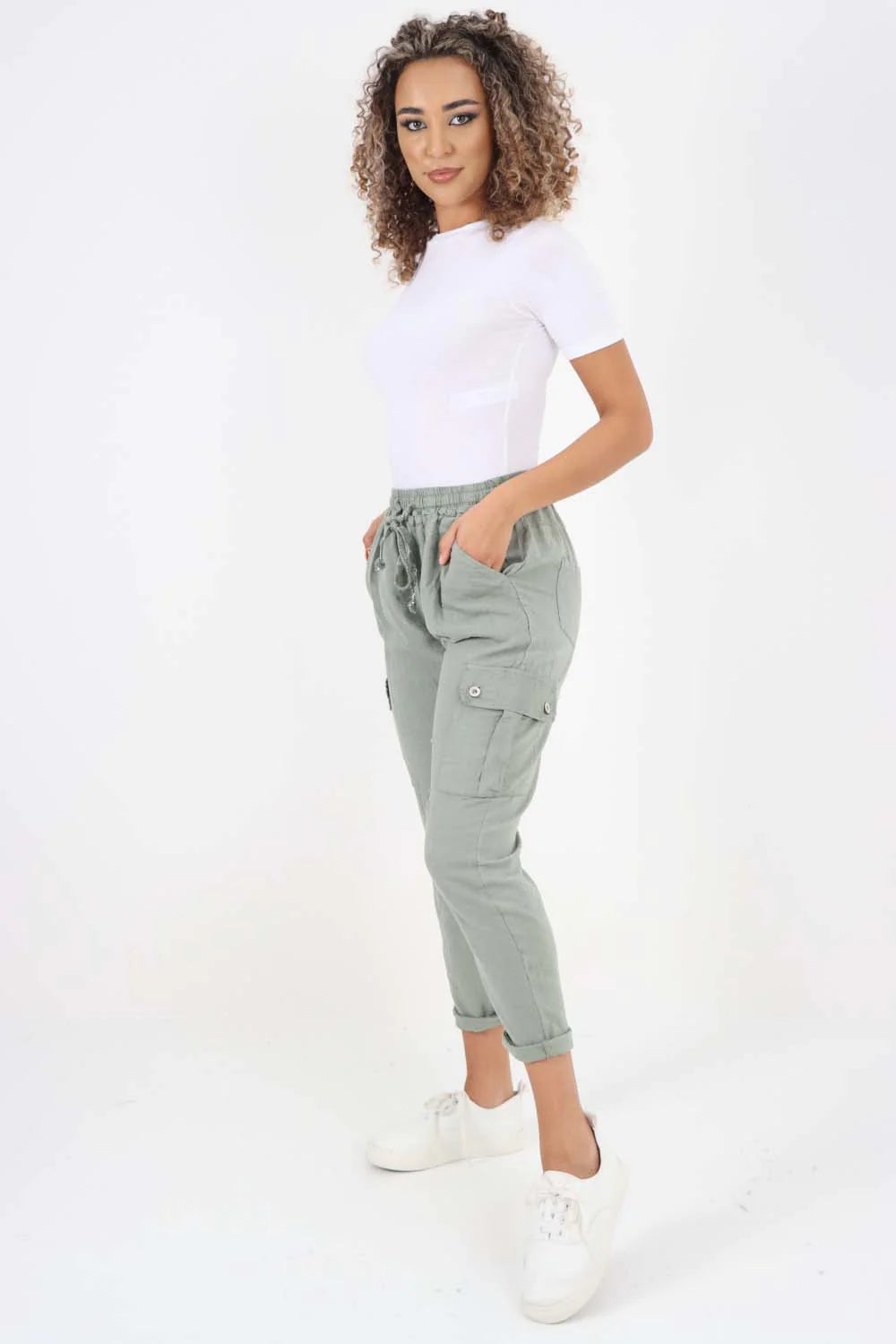 Italian Full Length Linen Cargo Pants - Khaki