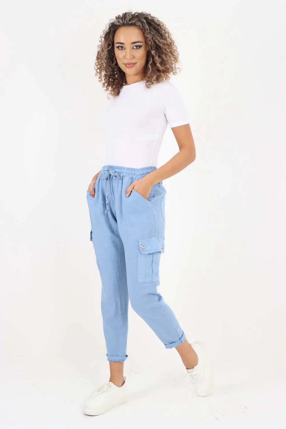 Italian Full Length Linen Cargo Pants - Light Denim