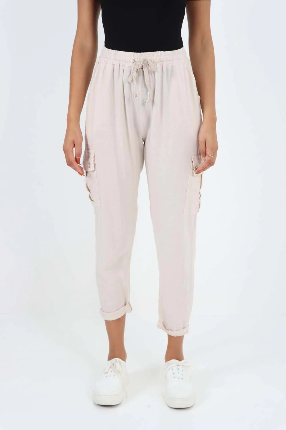 Italian Full Length Linen Cargo Pants - Nude