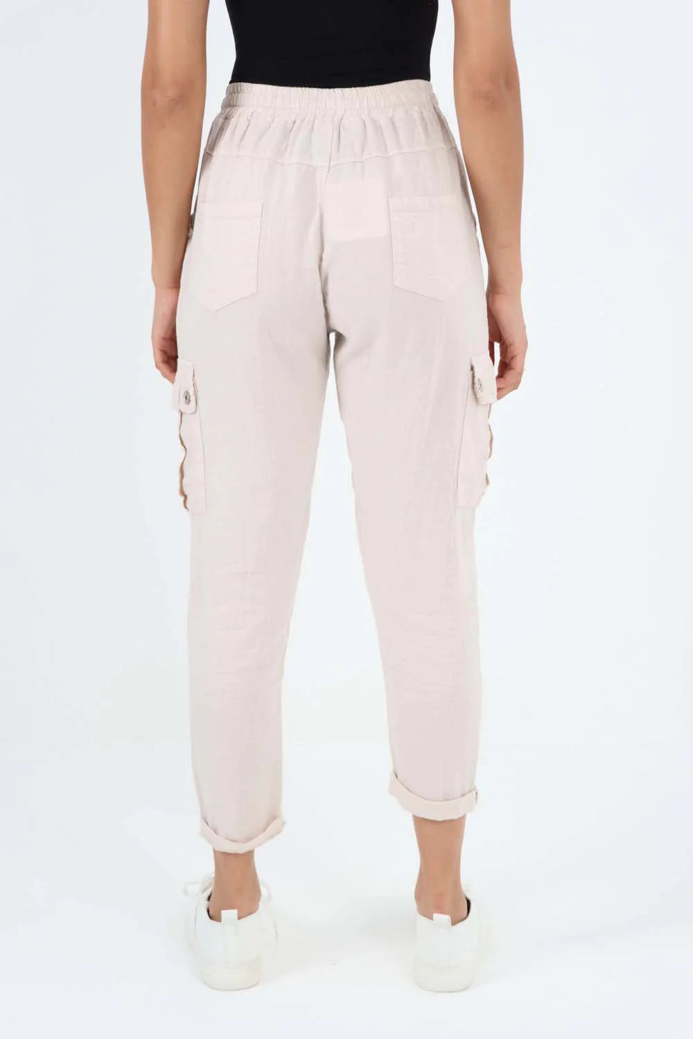 Italian Full Length Linen Cargo Pants - Nude