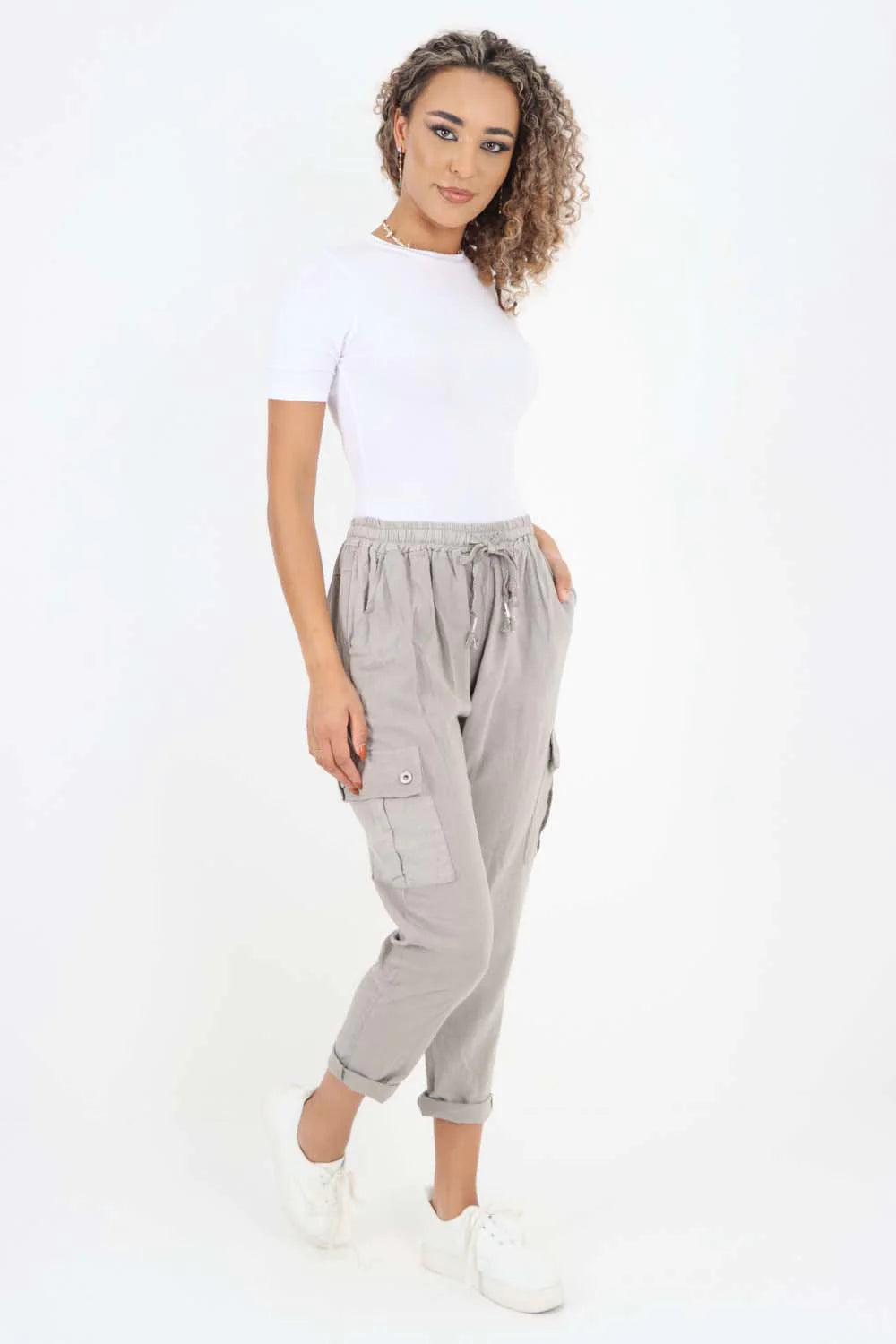 Italian Full Length Linen Cargo Pants - Stone