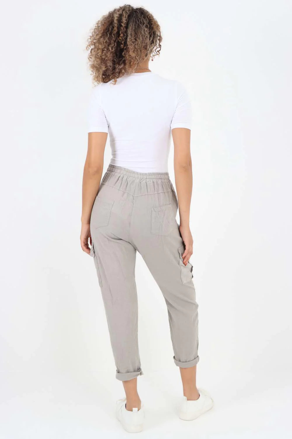 Italian Full Length Linen Cargo Pants - Stone