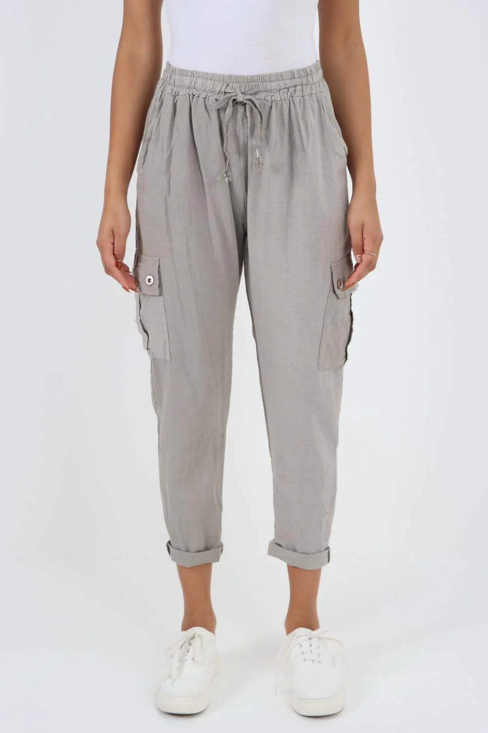 Italian Full Length Linen Cargo Pants - Stone