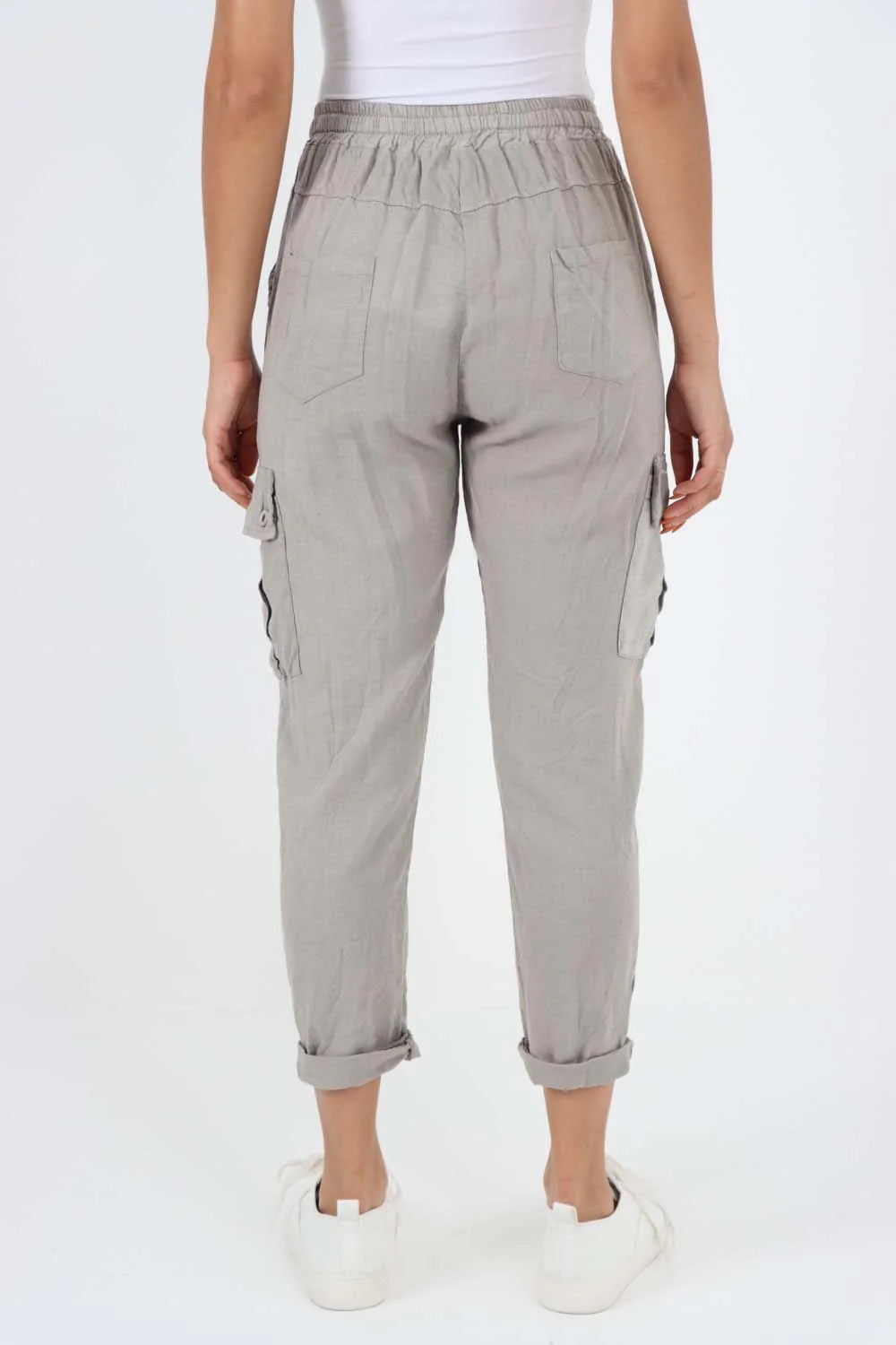 Italian Full Length Linen Cargo Pants - Stone