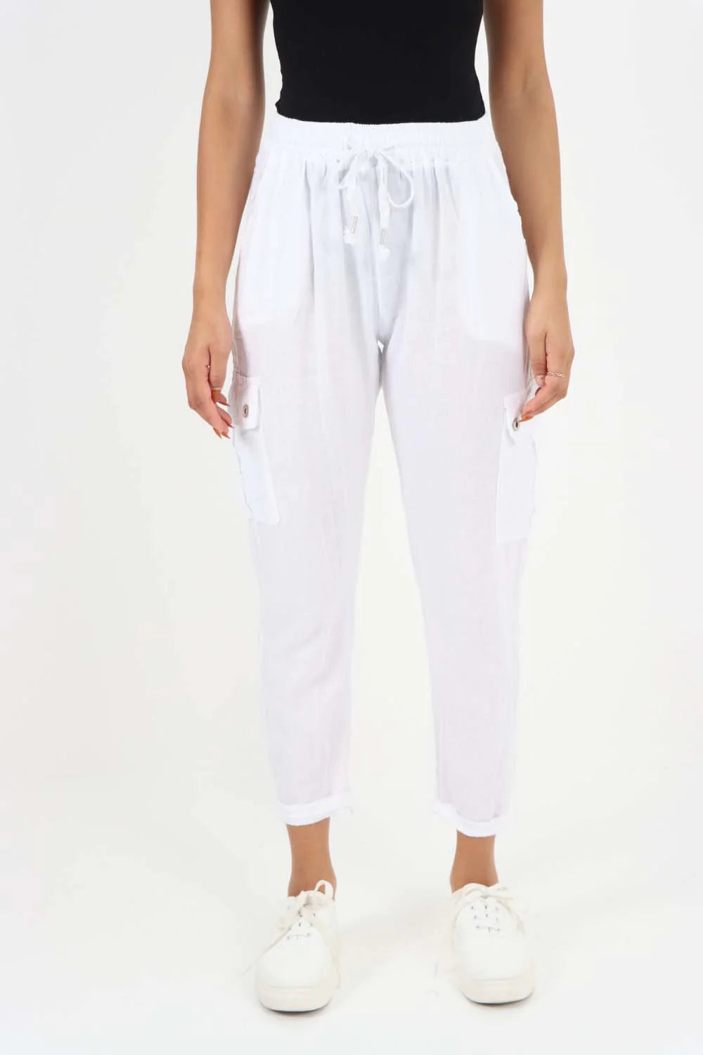 Italian Full Length Linen Cargo Pants - White