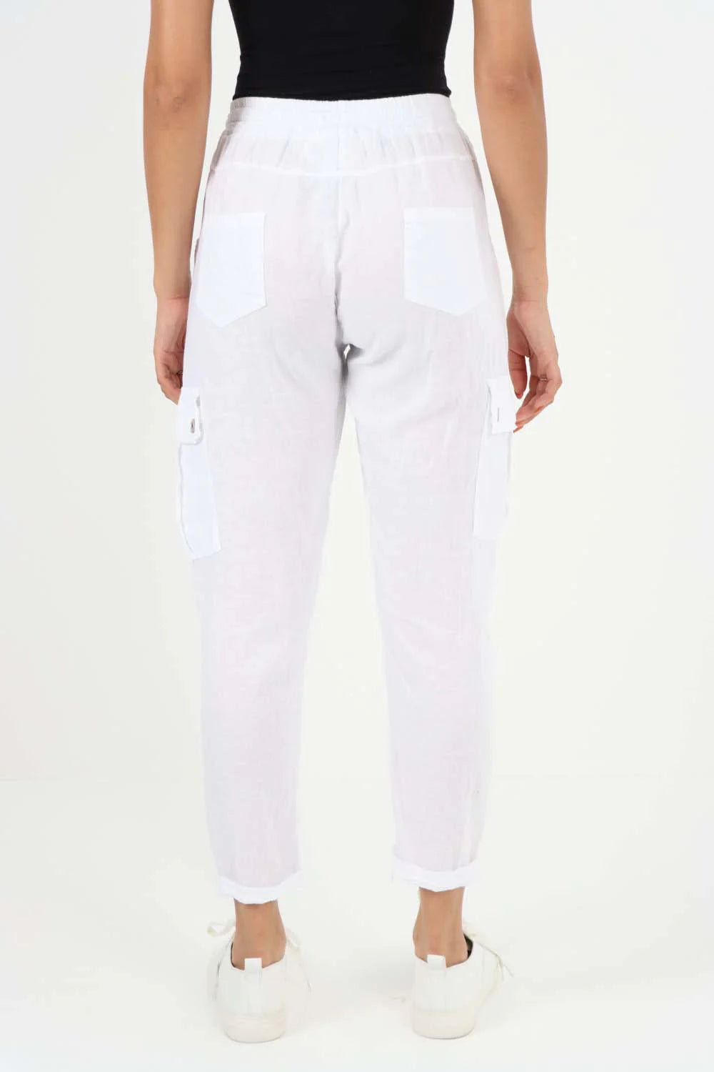 Italian Full Length Linen Cargo Pants - White