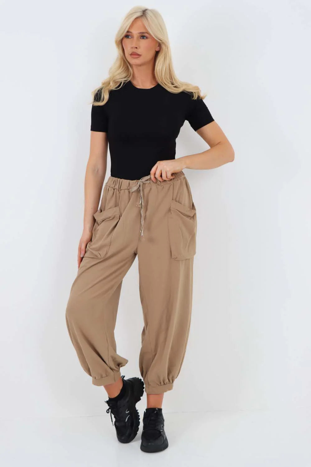 Italian Drawstring Cotton Harem Trousers With Side Pockets - Beige