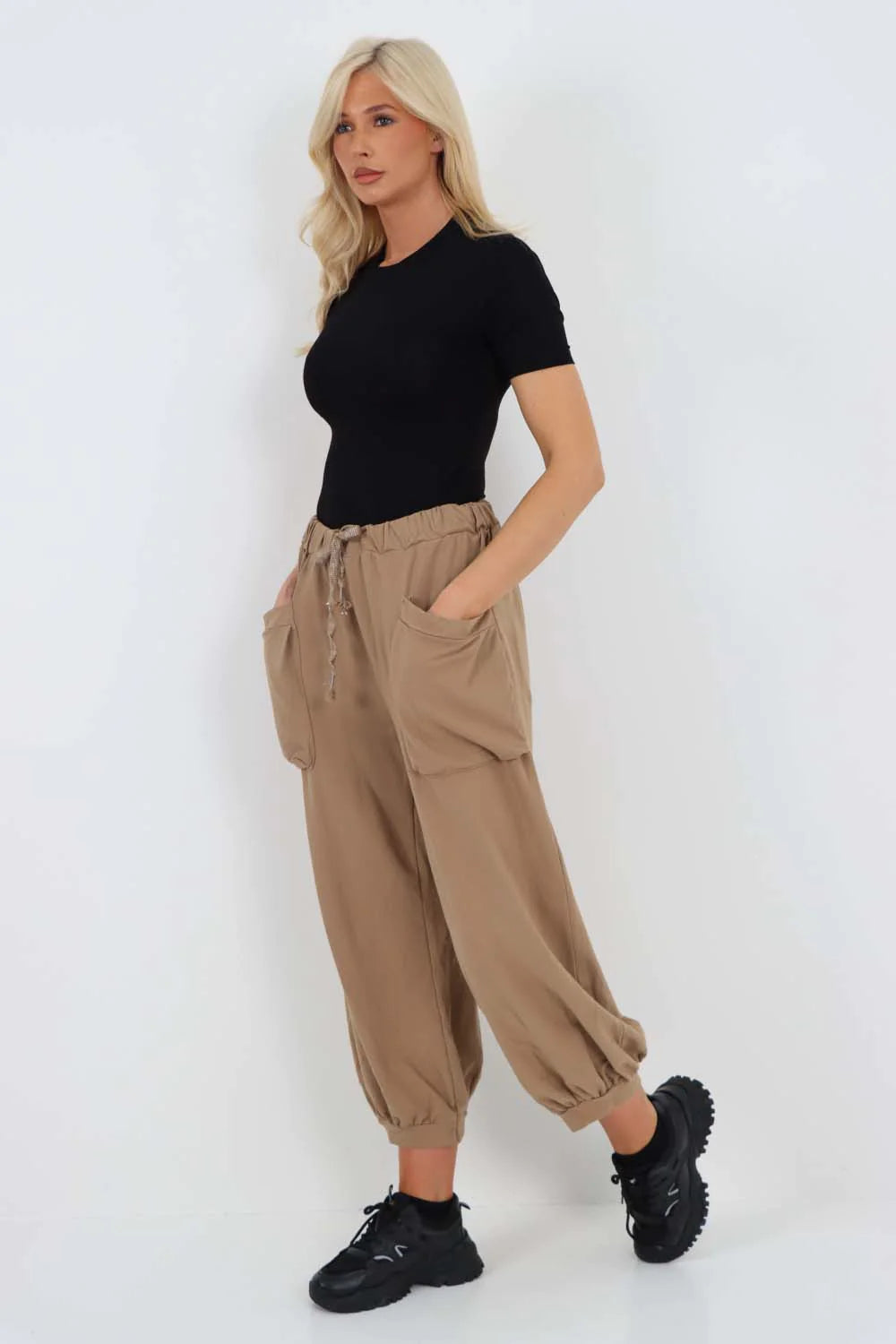 Italian Drawstring Cotton Harem Trousers With Side Pockets - Beige