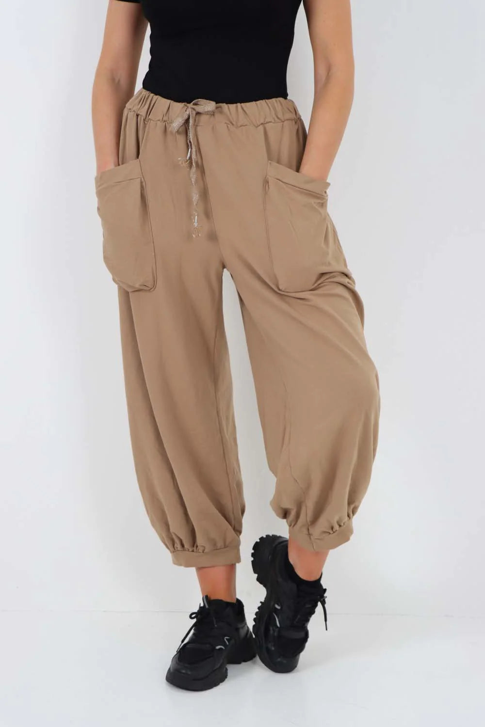 Italian Drawstring Cotton Harem Trousers With Side Pockets - Beige