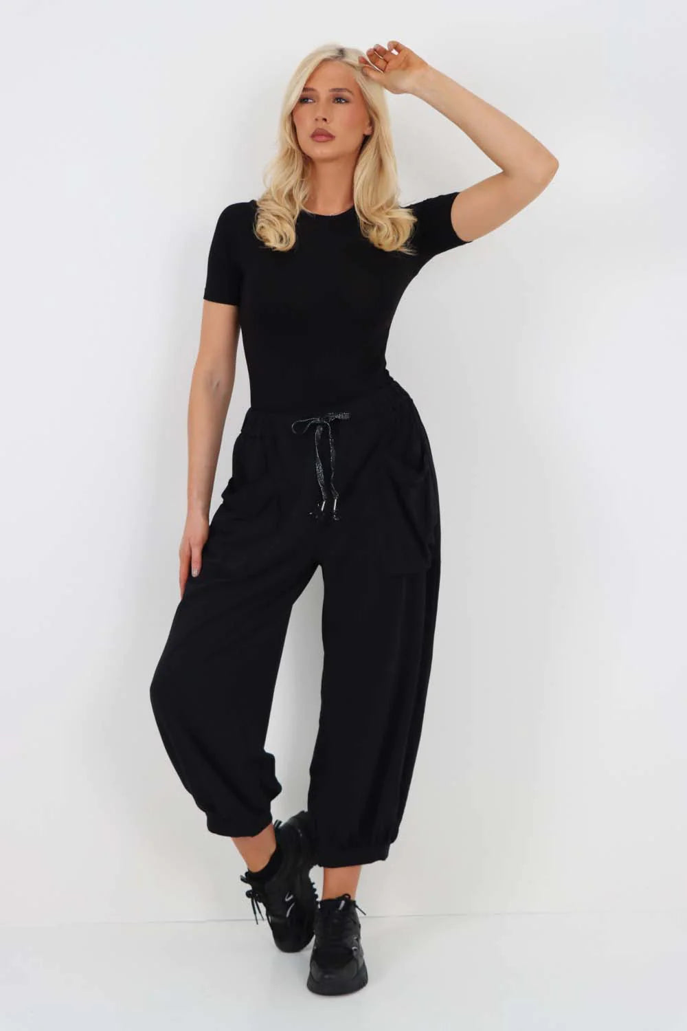 Italian Drawstring Cotton Harem Trousers With Side Pockets - Black