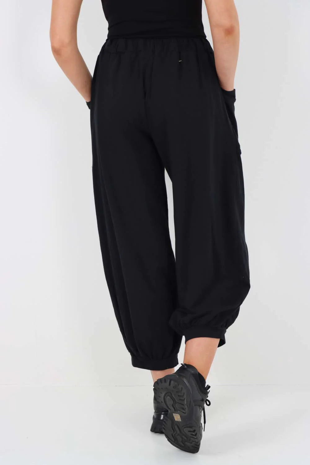 Italian Drawstring Cotton Harem Trousers With Side Pockets - Black