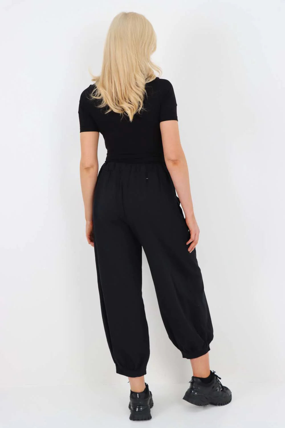 Italian Drawstring Cotton Harem Trousers With Side Pockets - Black