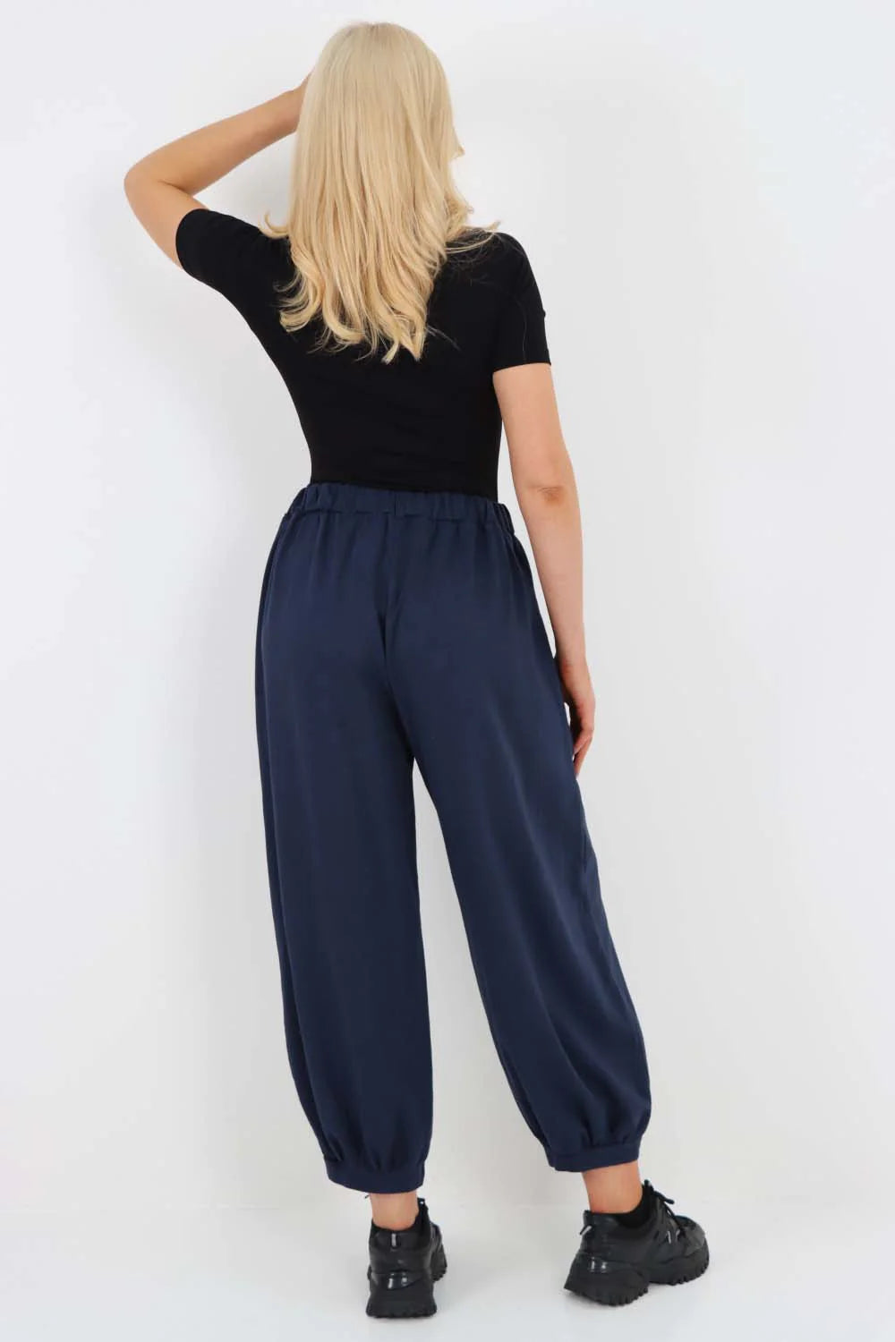 Italian Drawstring Cotton Harem Trousers With Side Pockets - Blue