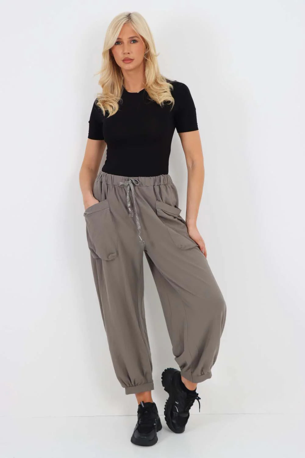 Italian Drawstring Cotton Harem Trousers With Side Pockets - Charcoal