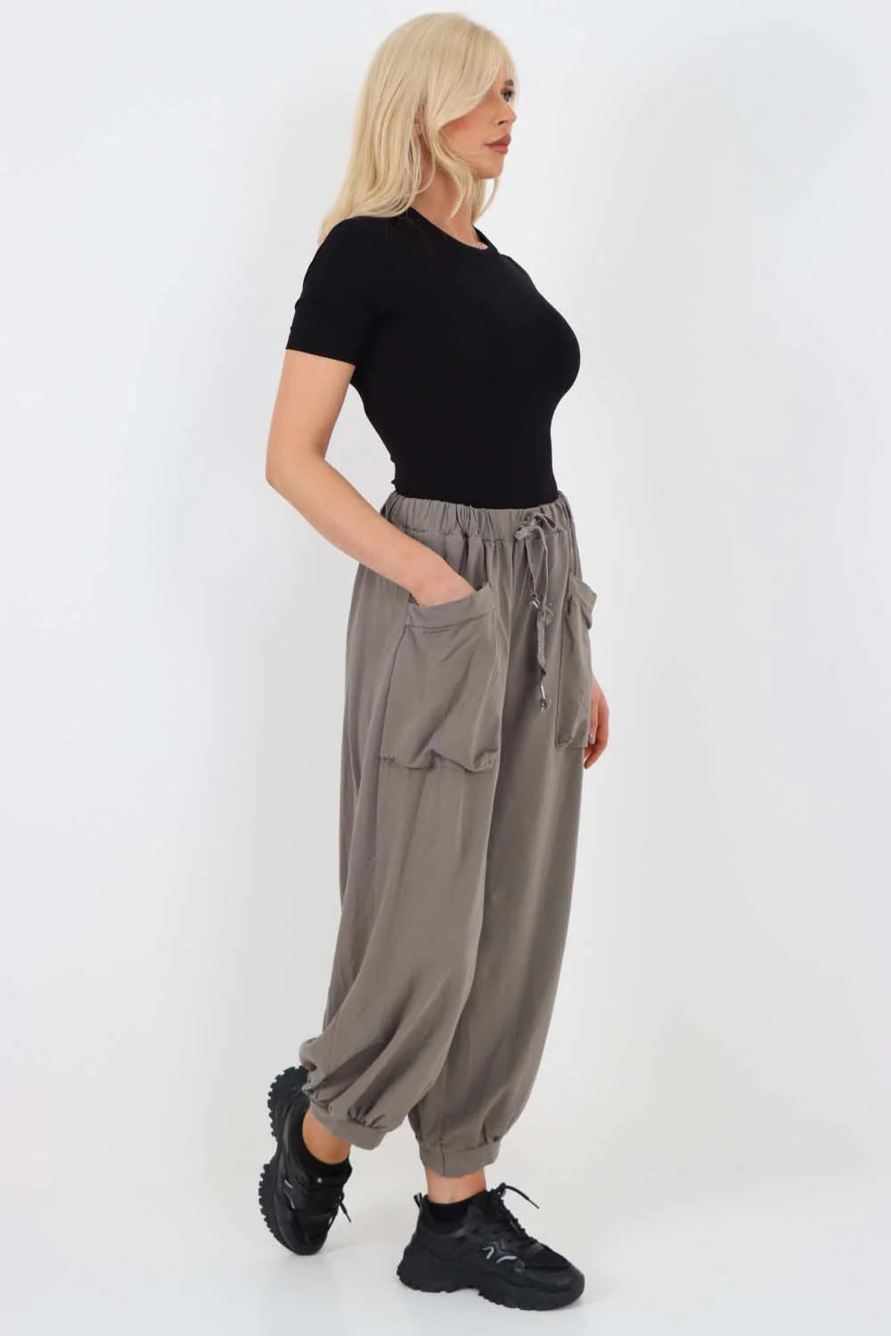 Italian Drawstring Cotton Harem Trousers With Side Pockets - Charcoal