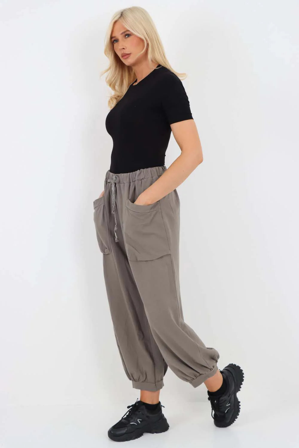 Italian Drawstring Cotton Harem Trousers With Side Pockets - Charcoal