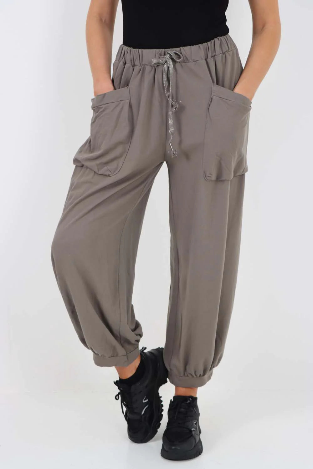 Italian Drawstring Cotton Harem Trousers With Side Pockets - Charcoal