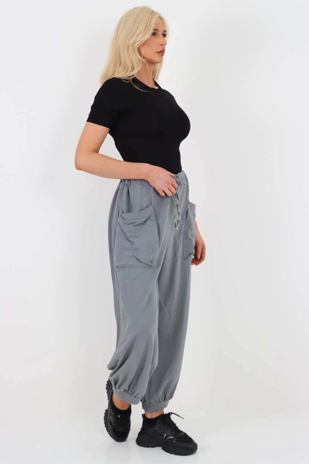 Italian Drawstring Cotton Harem Trousers With Side Pockets - Dark Grey