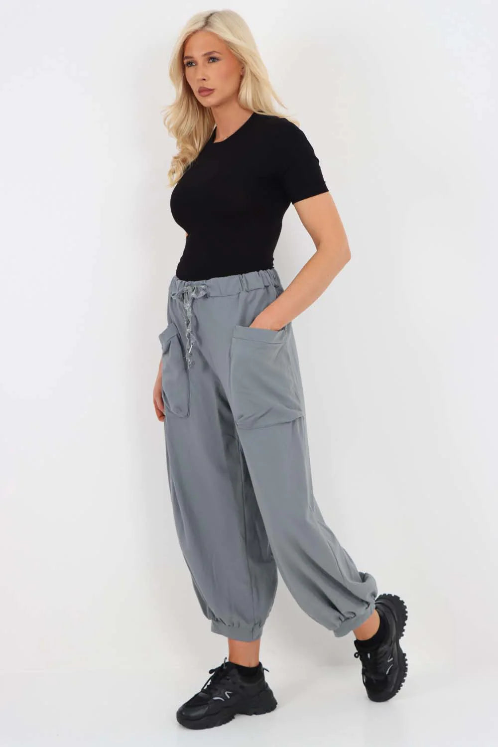 Italian Drawstring Cotton Harem Trousers With Side Pockets - Dark Grey