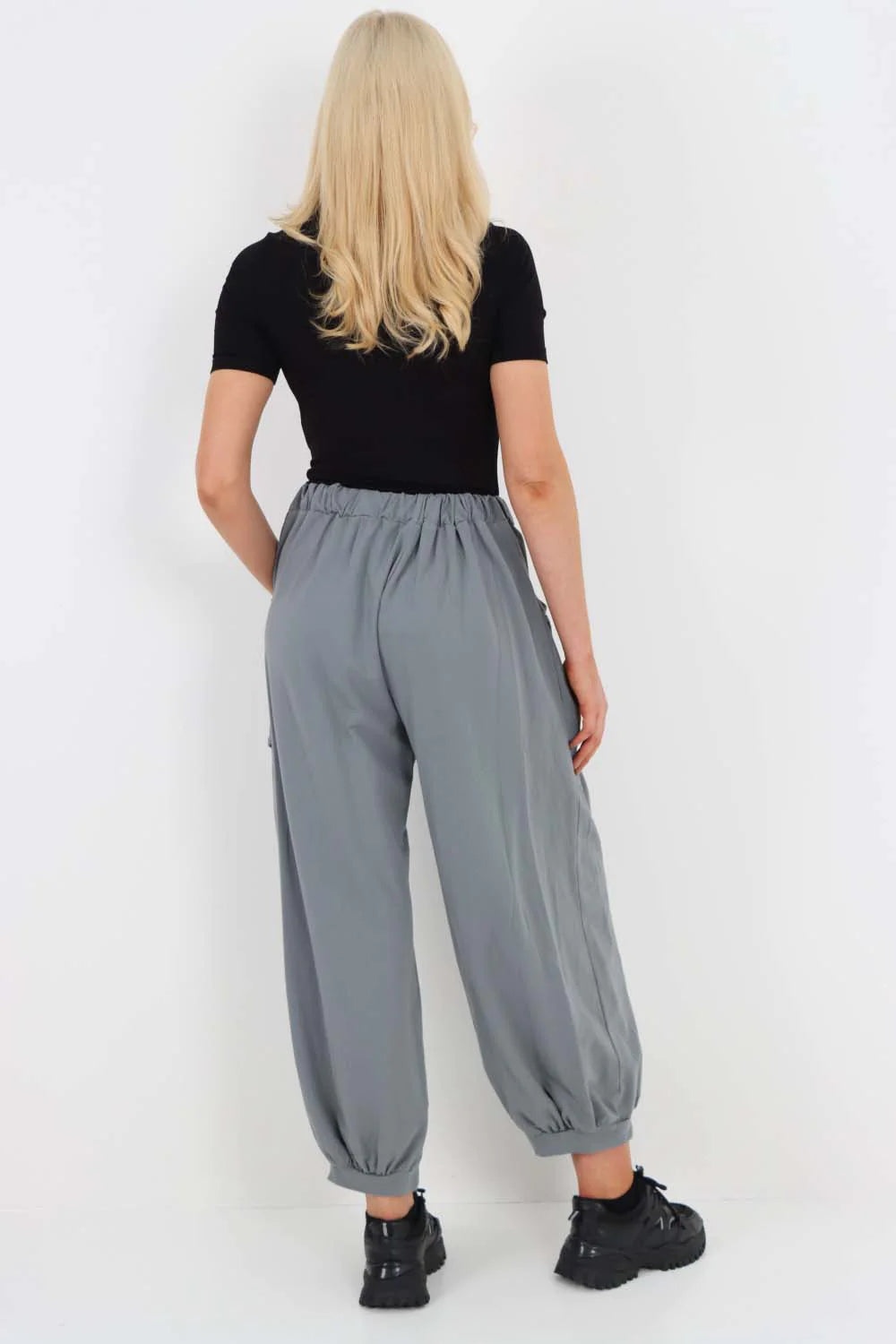 Italian Drawstring Cotton Harem Trousers With Side Pockets - Dark Grey