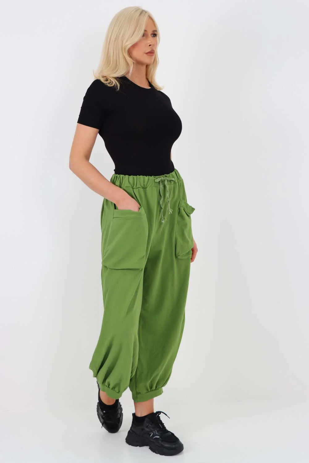 Italian Drawstring Cotton Harem Trousers With Side Pockets - Green