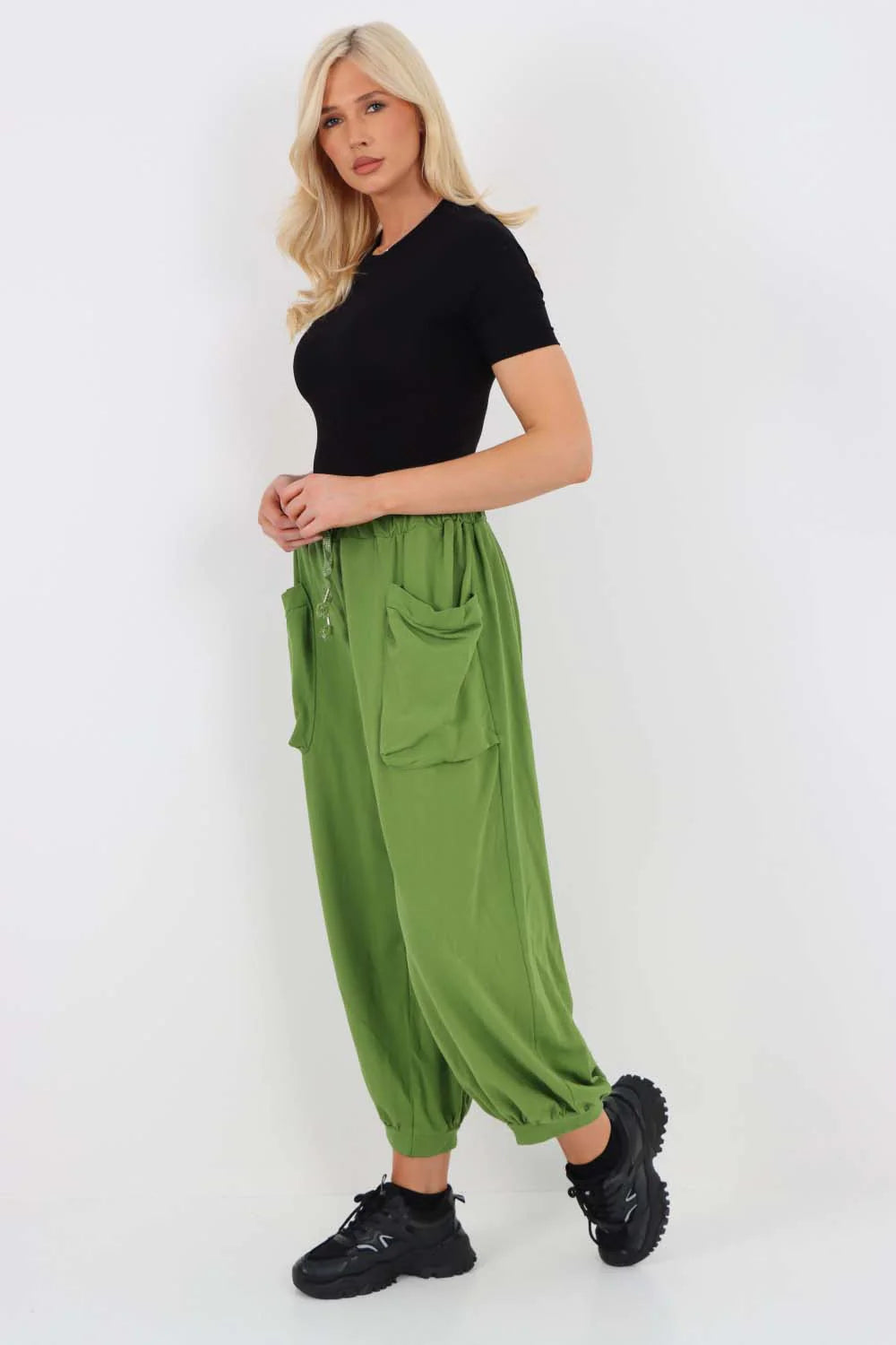 Italian Drawstring Cotton Harem Trousers With Side Pockets - Green