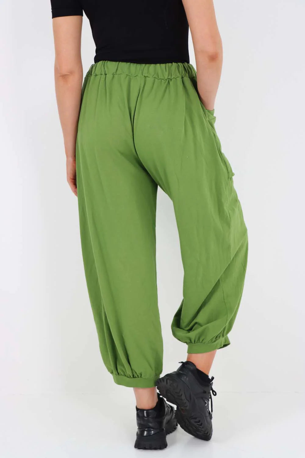 Italian Drawstring Cotton Harem Trousers With Side Pockets - Green