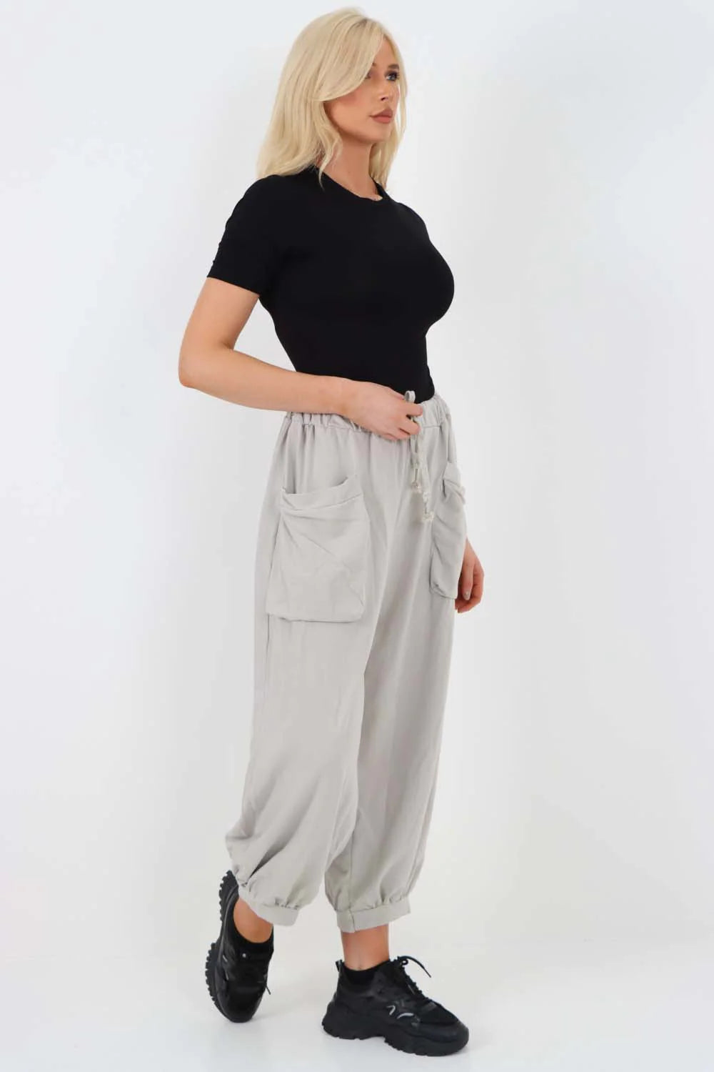 Italian Drawstring Cotton Harem Trousers With Side Pockets - Grey