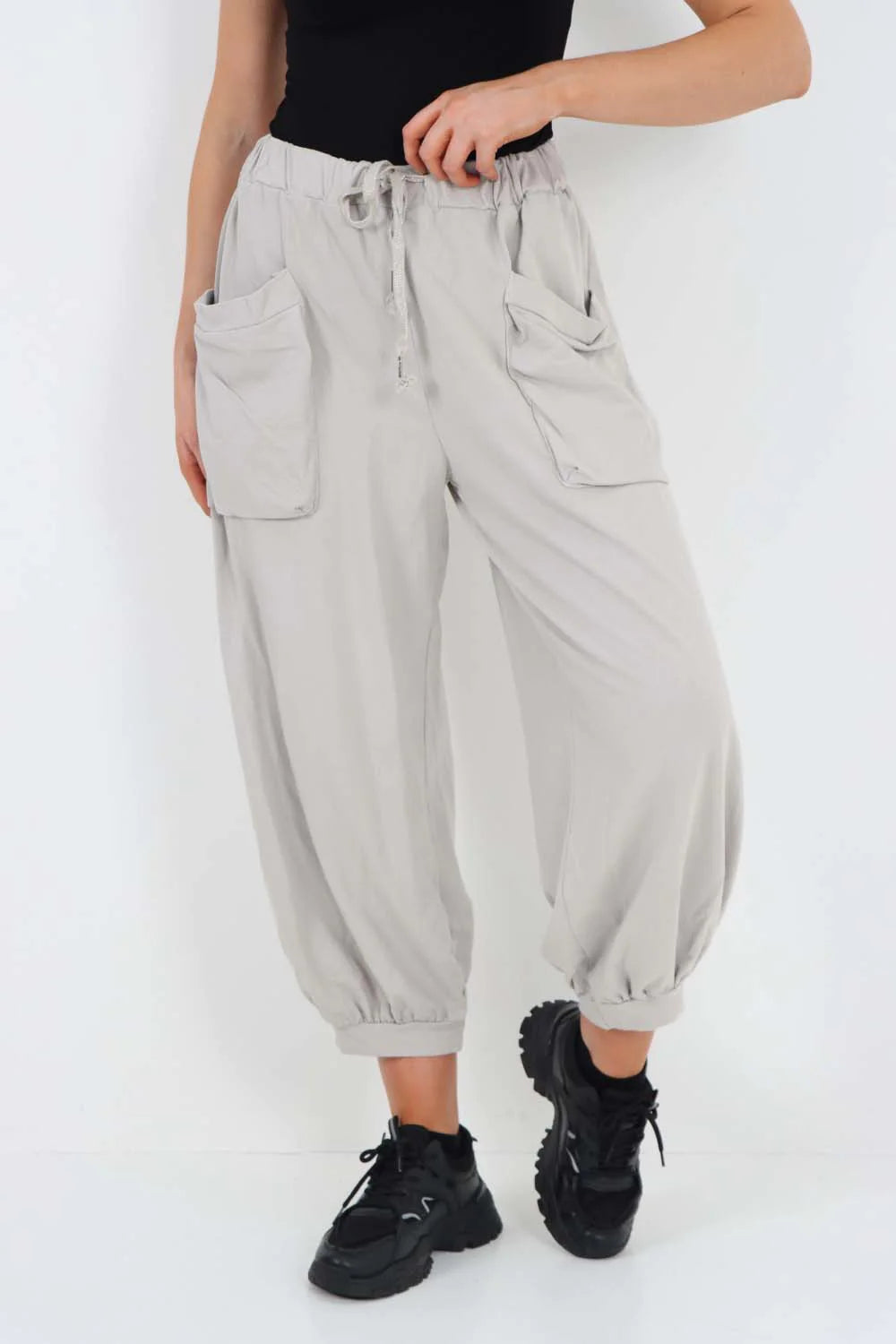 Italian Drawstring Cotton Harem Trousers With Side Pockets - Grey