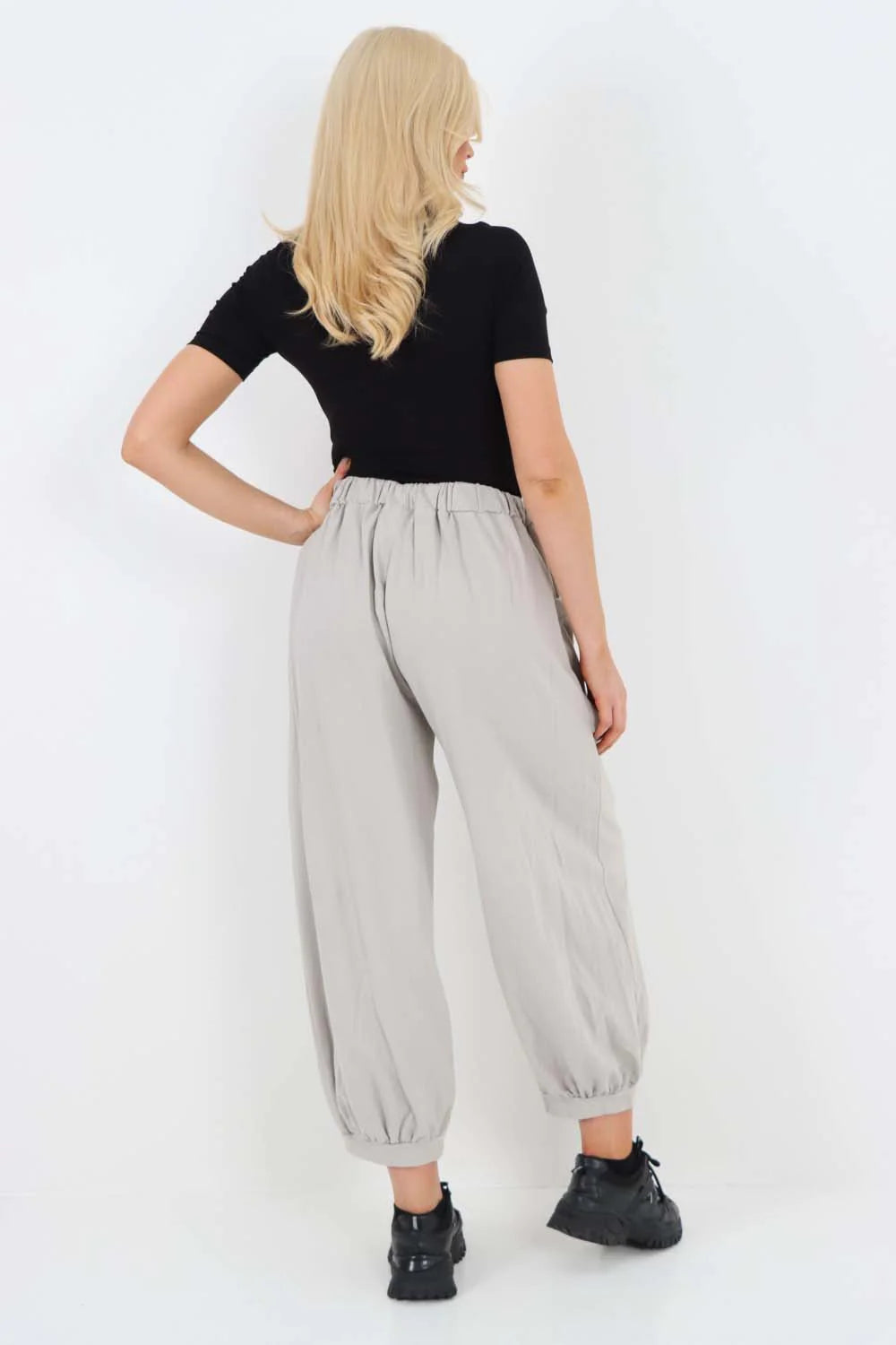 Italian Drawstring Cotton Harem Trousers With Side Pockets - Grey